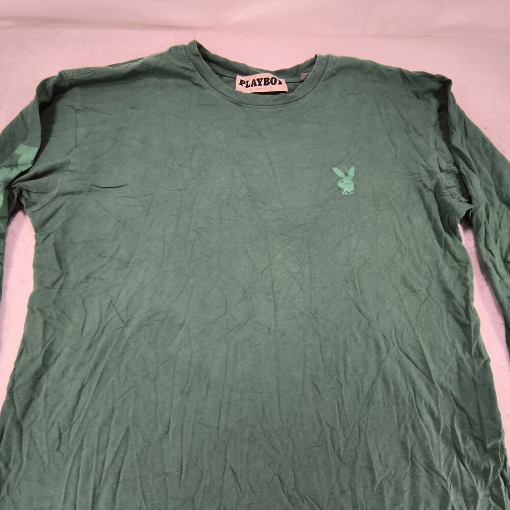 Playboy Graphic Casual Long Sleeve Crew Neck T Shirt Mens Size Large L Green